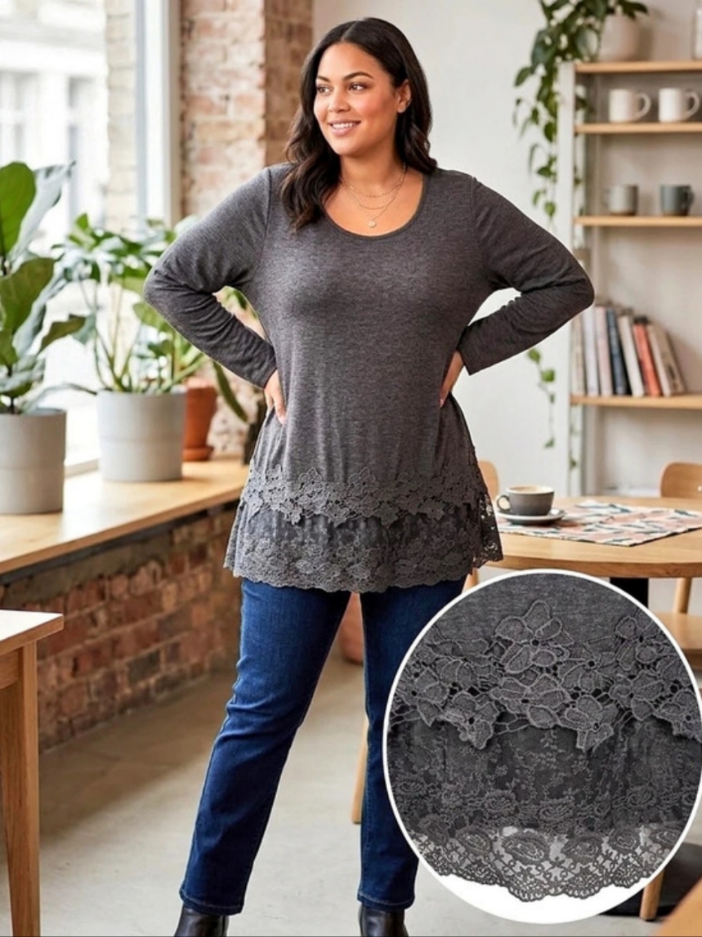 BloomChic Charcoal Heather Gray Lace Hem Long Sleeve Tunic Top Size 18-20 / 2X